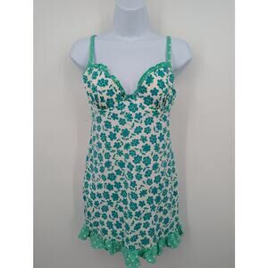 Victoria’s Secret Pout Floral Babydoll Slip Dress Medium Green Blue Flower Print